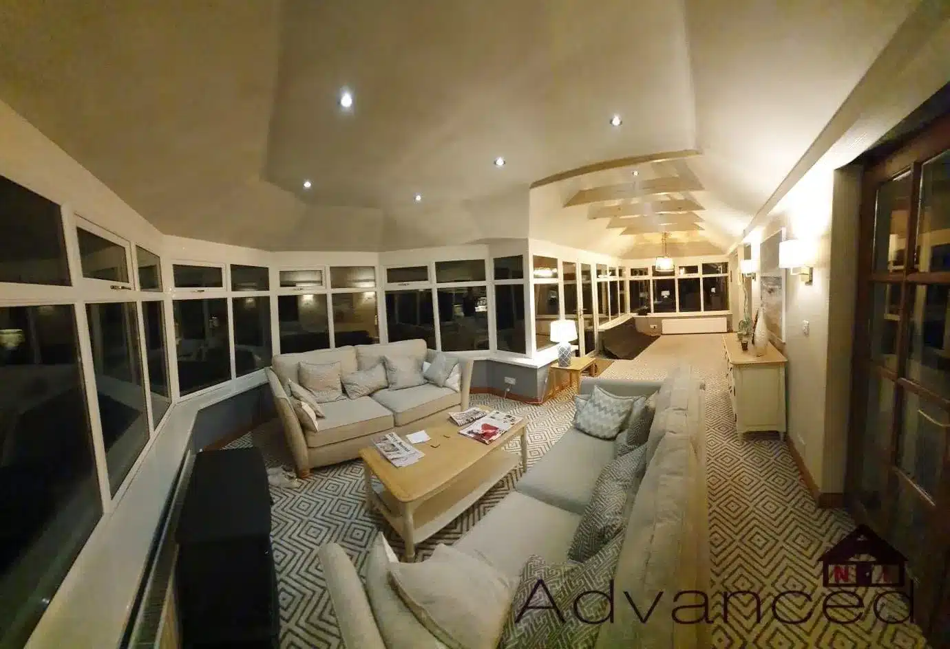 Conservatory lounge interior with panoramic windows