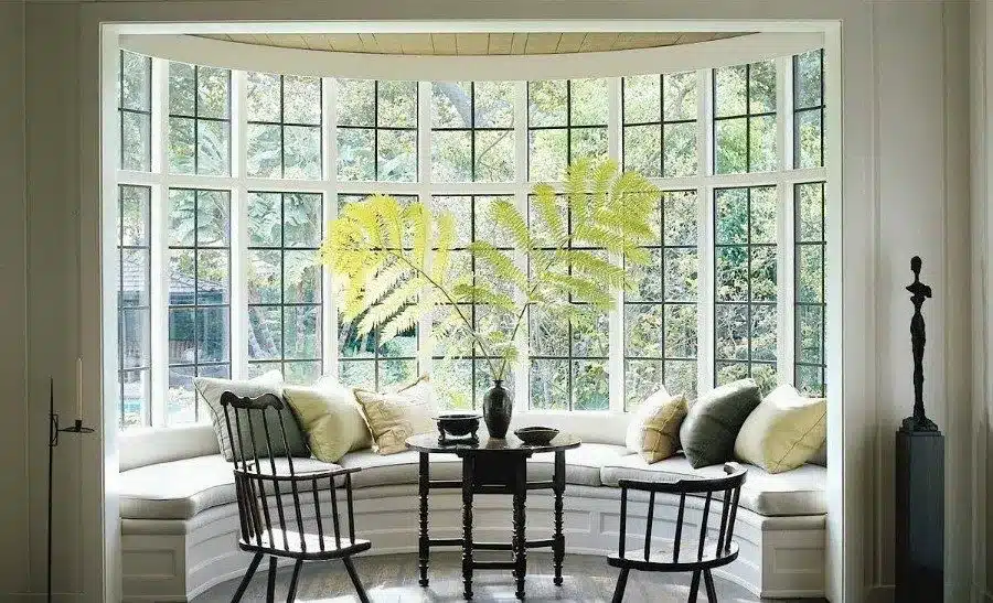 White bay window with a built-in window seat
