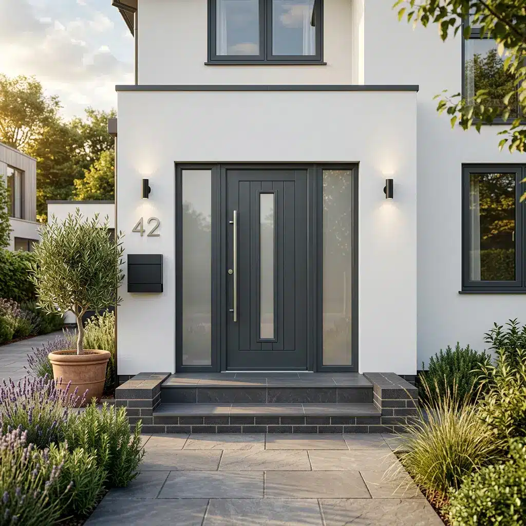 White composite front door with modern porch entrance