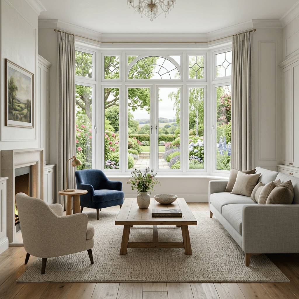 Living room with large white-framed PVCu windows