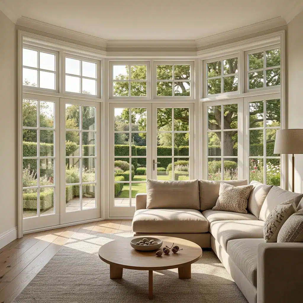 Bright conservatory interior with white PVCu windows and comfortable seating
