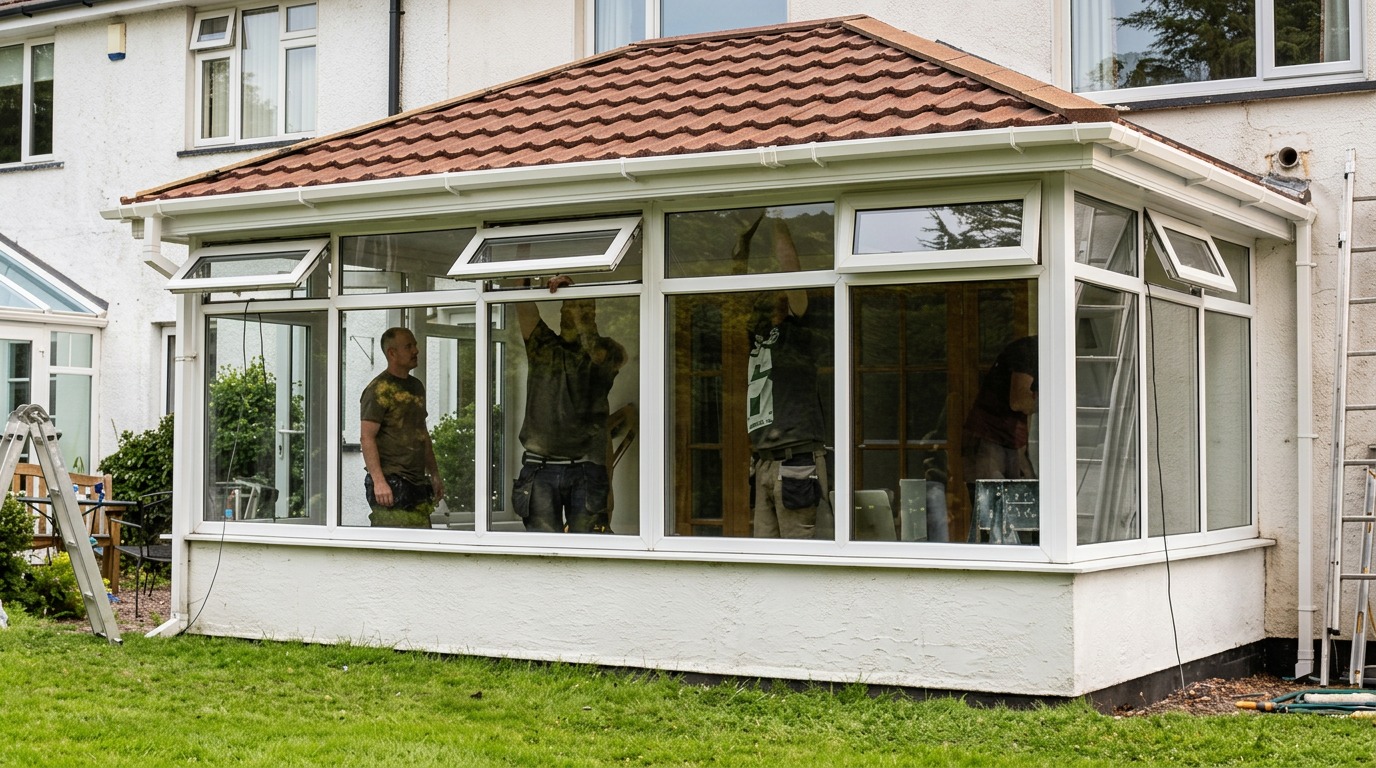 Installers fitting a tiled roof to a white-framed conservatory