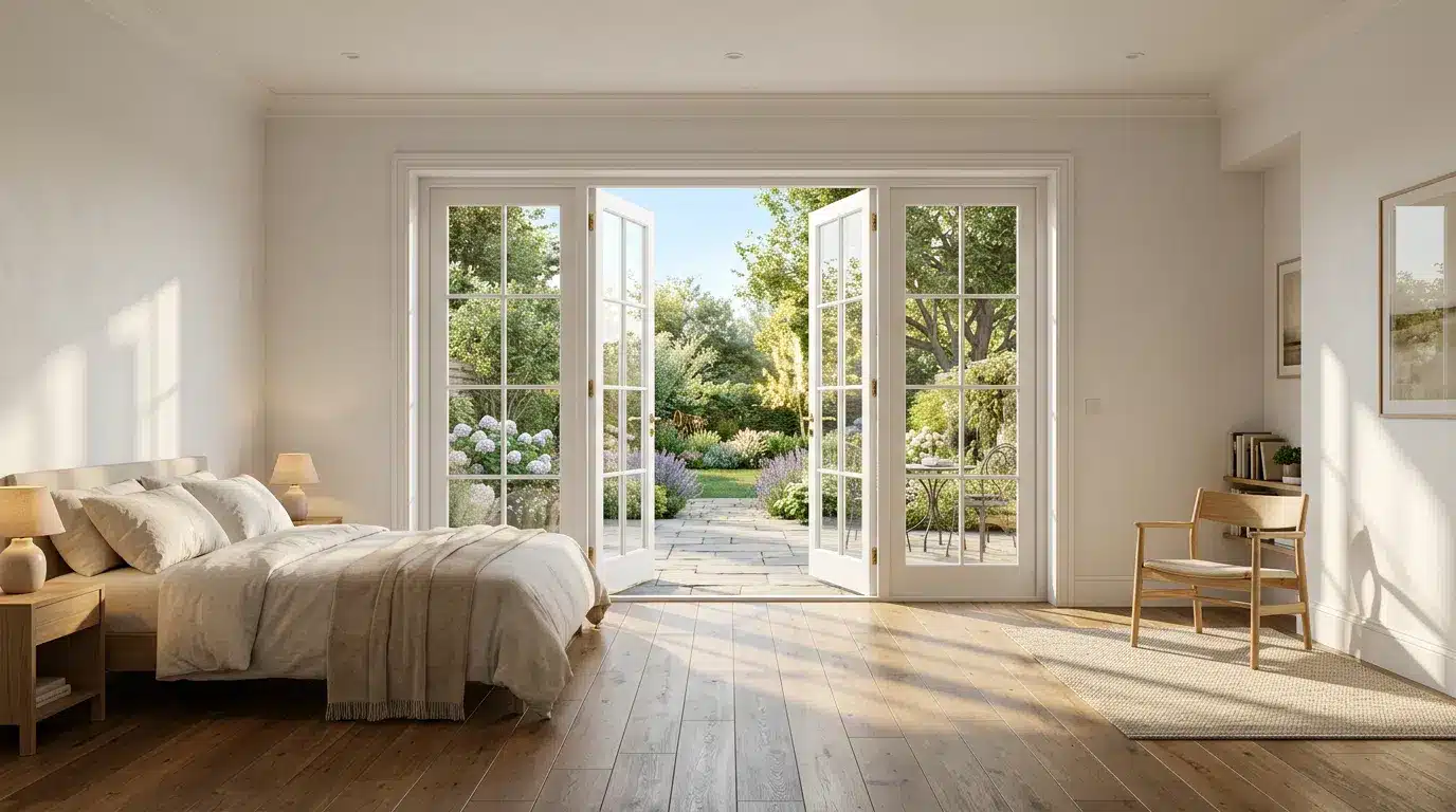 White French doors opening onto a patio