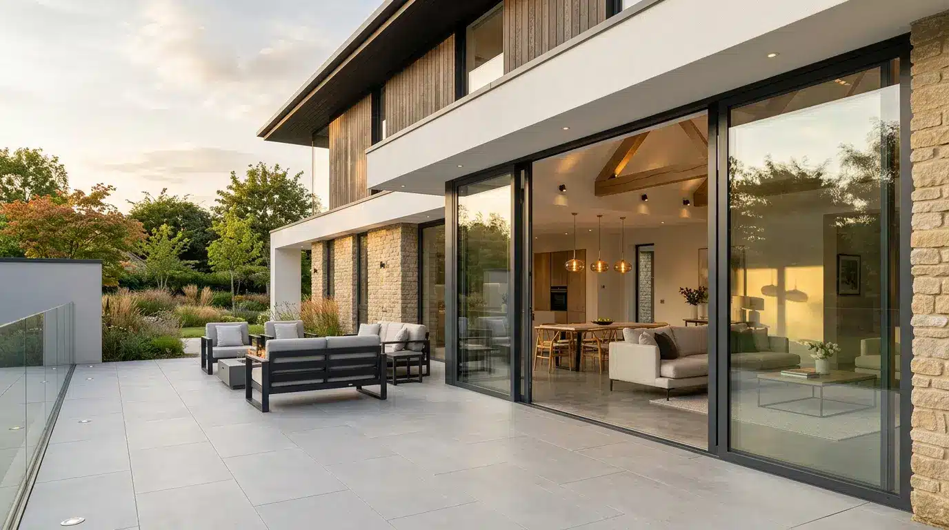 Sliding patio doors opening onto a garden
