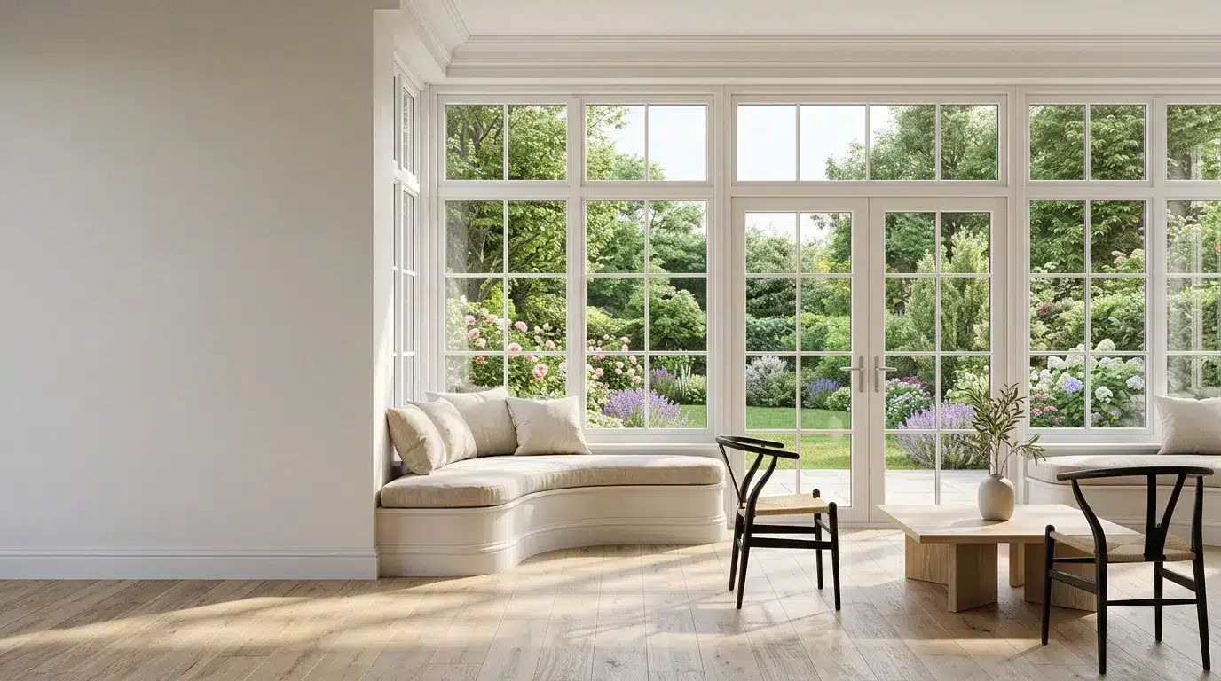 White French windows in a bright living room