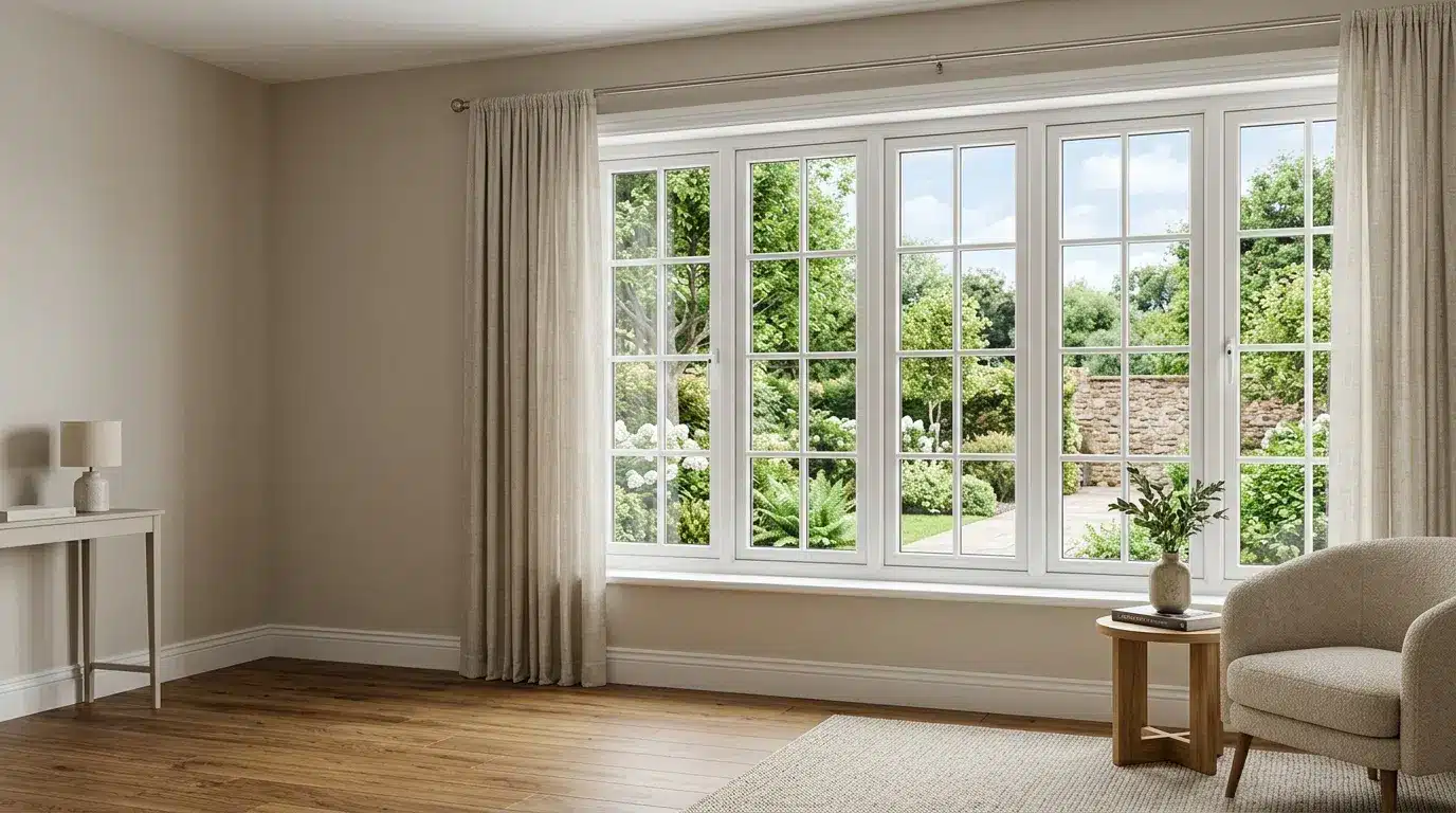 White casement window in a bright interior