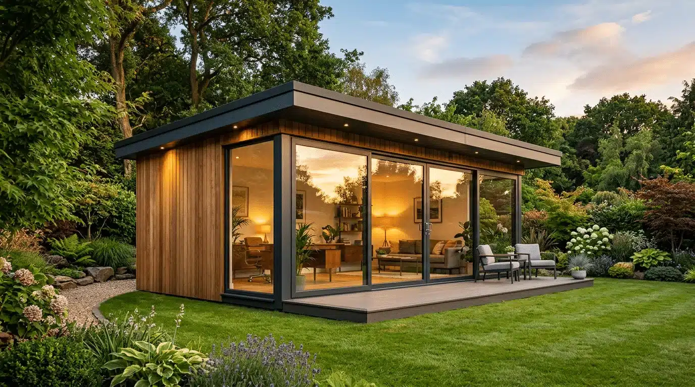 Modern garden room extension with wraparound glass sliding doors and warm interior lighting, set in a landscaped garden in Bangor, Northern Ireland