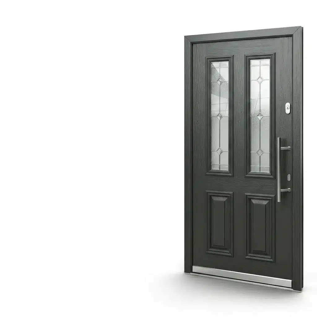Black composite front door with decorative glazed panels